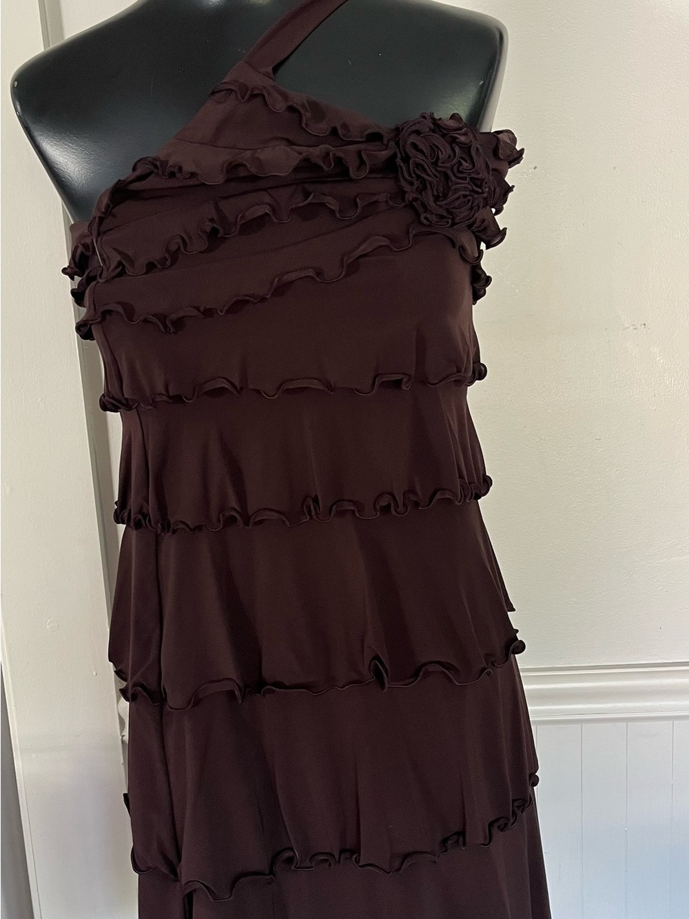 BCBGMaxAzria One-Shoulder Ruffle Tier Dress in Deep Brown